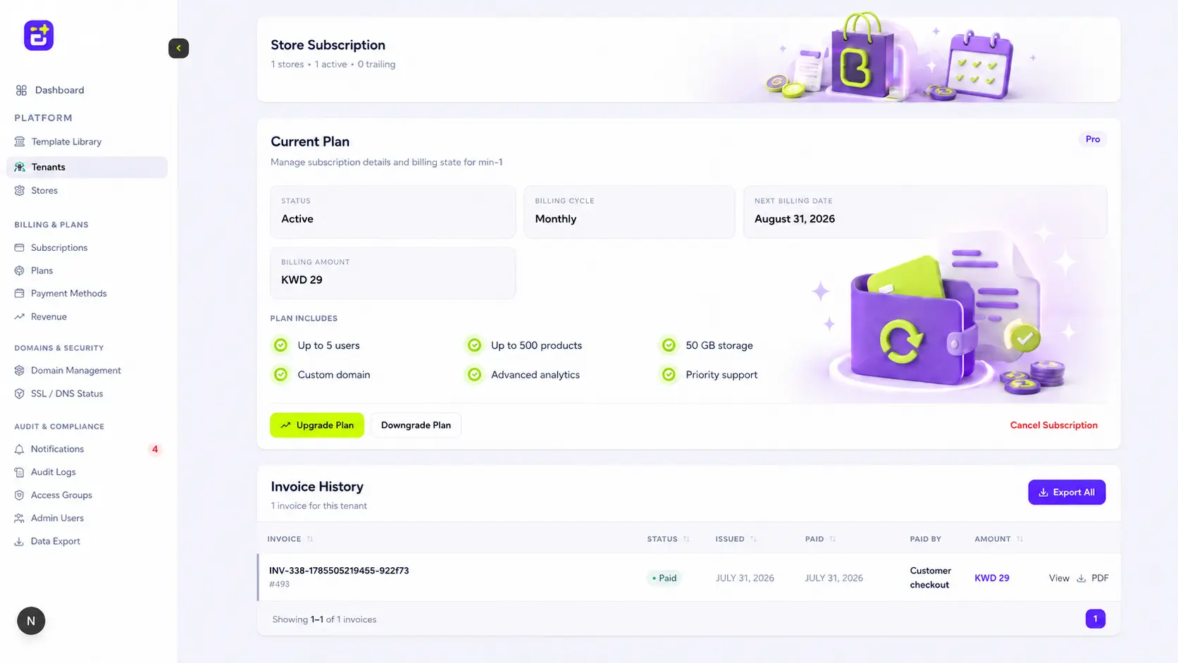 إدارة الاشتراك في Commerce SaaS Platform مع خطة نشطة وسجل فواتير ببيانات تجريبية