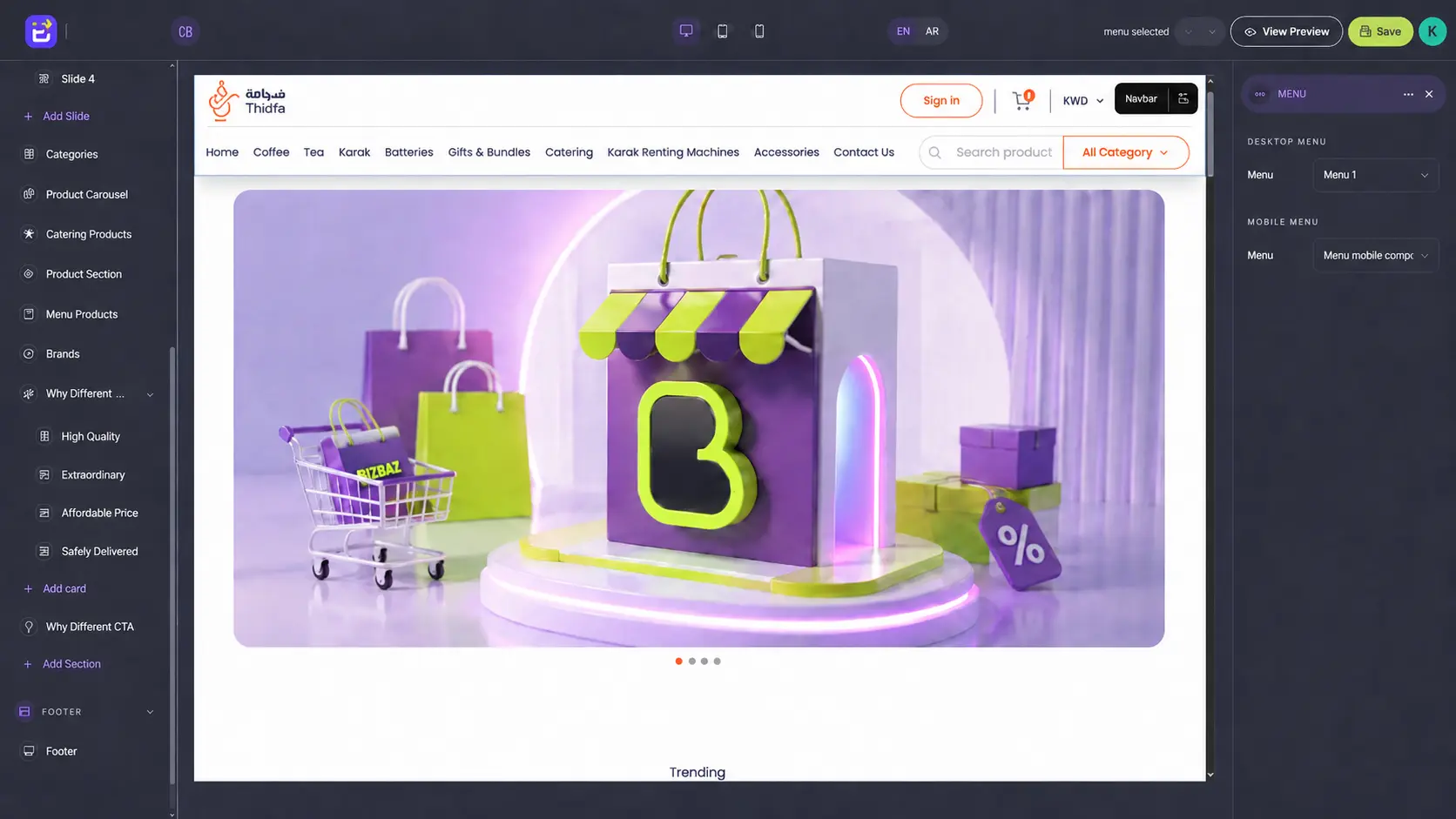 Commerce SaaS Platform store builder editing a bilingual demo storefront with section controls and a live preview