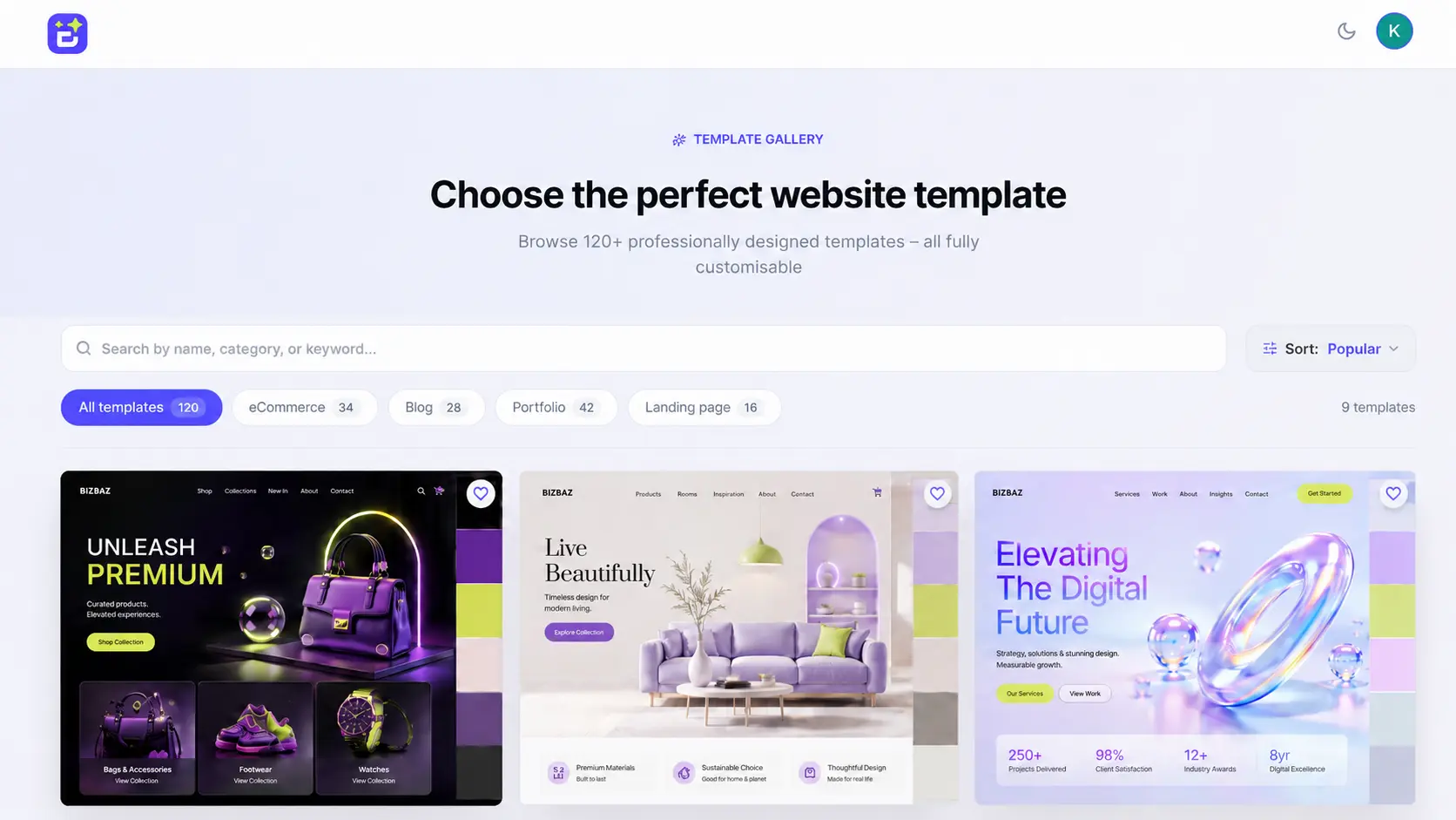 معرض قوالب تهيئة التاجر في Commerce SaaS Platform مع البحث والفلاتر وقوالب متاجر قابلة للتخصيص