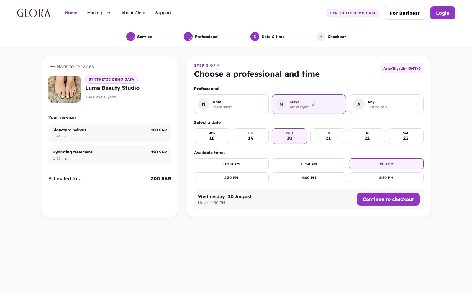 Glora multi-step booking flow for selecting a professional, date, and time using synthetic demo data