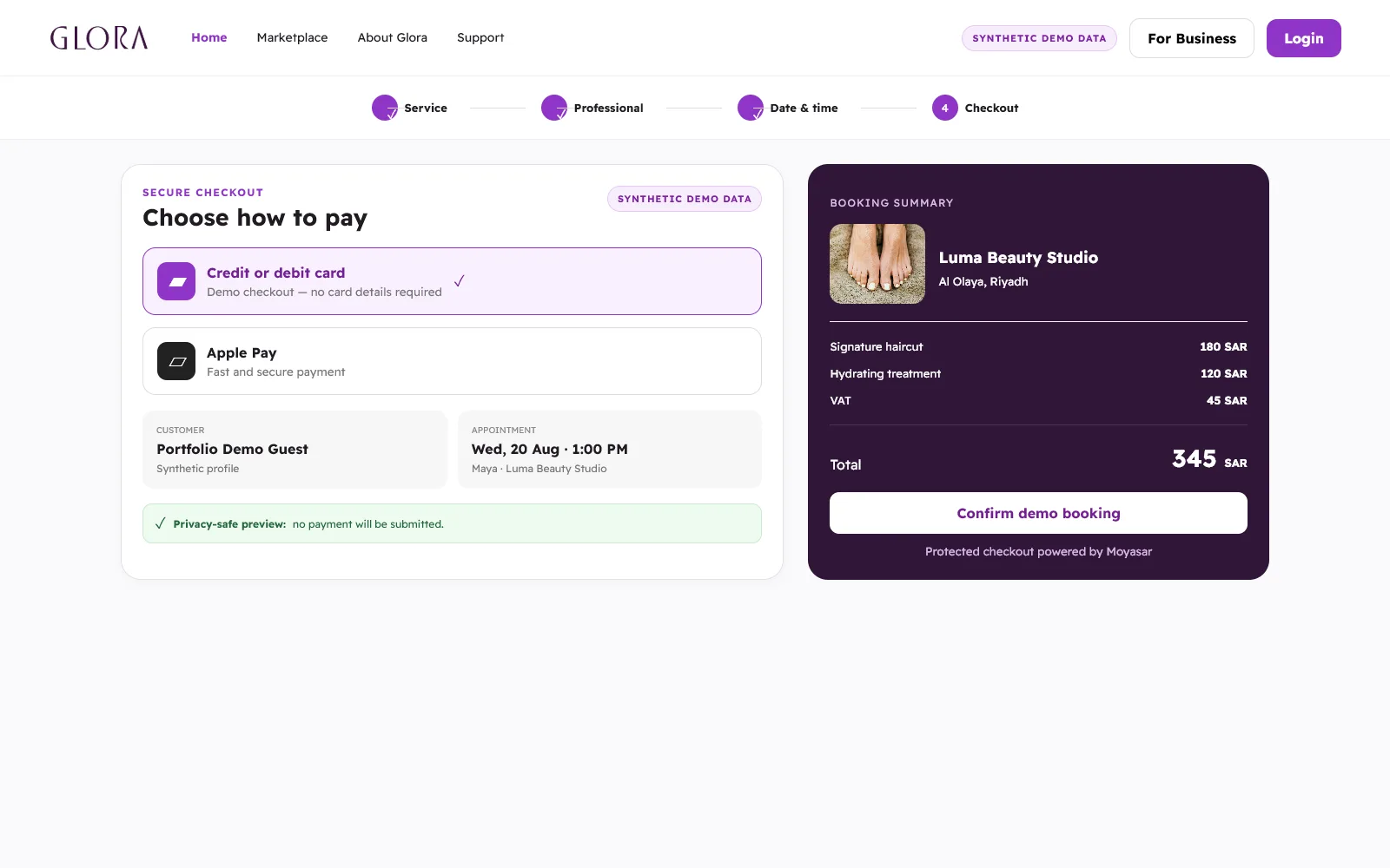 Glora privacy-safe checkout with booking summary and payment choices