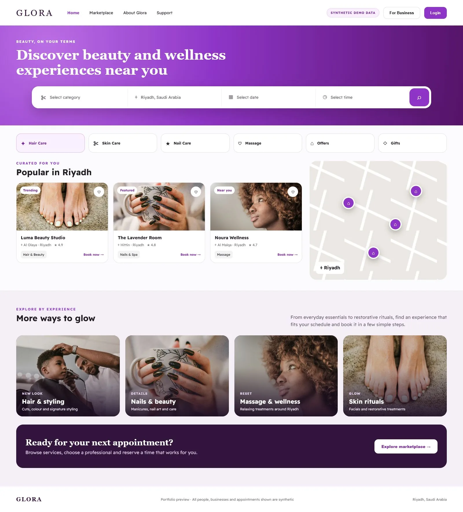 Glora beauty and wellness marketplace with Riyadh providers and map discovery using synthetic demo data
