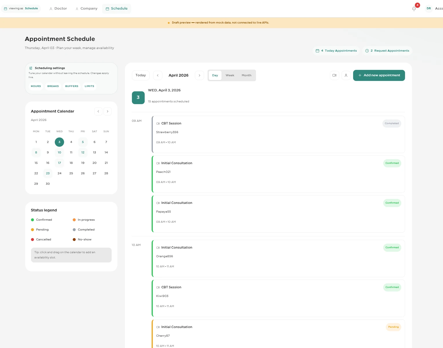 جدول مواعيد Psynary المبني على FullCalendar ببيانات تجريبية محايدة